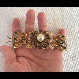 Midcentury Hair Barette Pearl w/Topaz Rhinestones